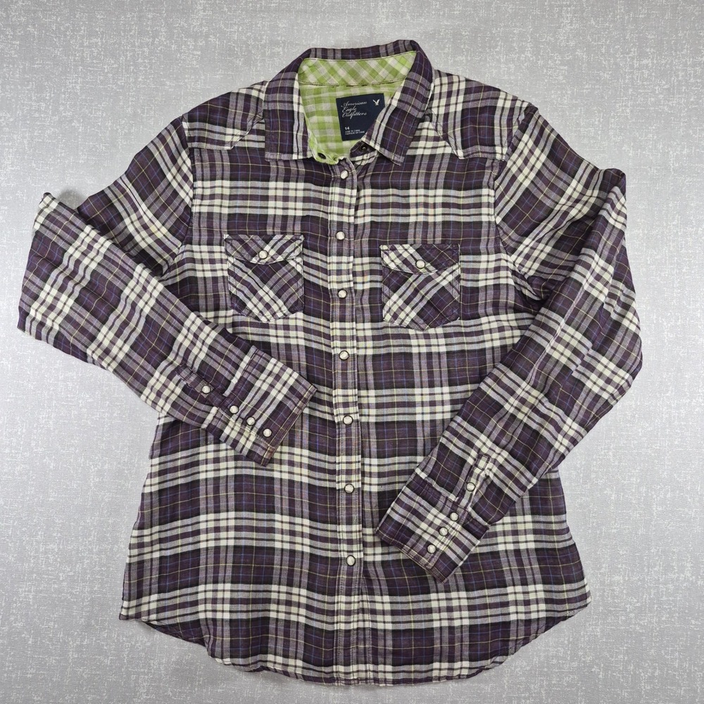 American Eagle Outfitters XL Purple Plaid Pearl Snap Western Shirt Womens 14
